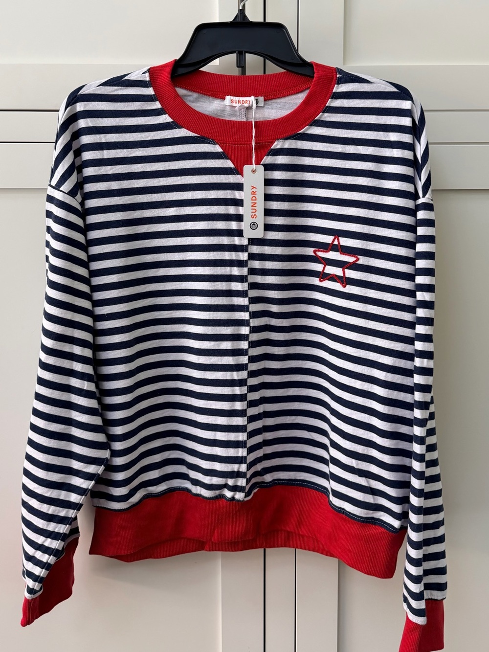 SUNDRY NWT Striped Star Sweatshirt XL Navy White Red Made USA